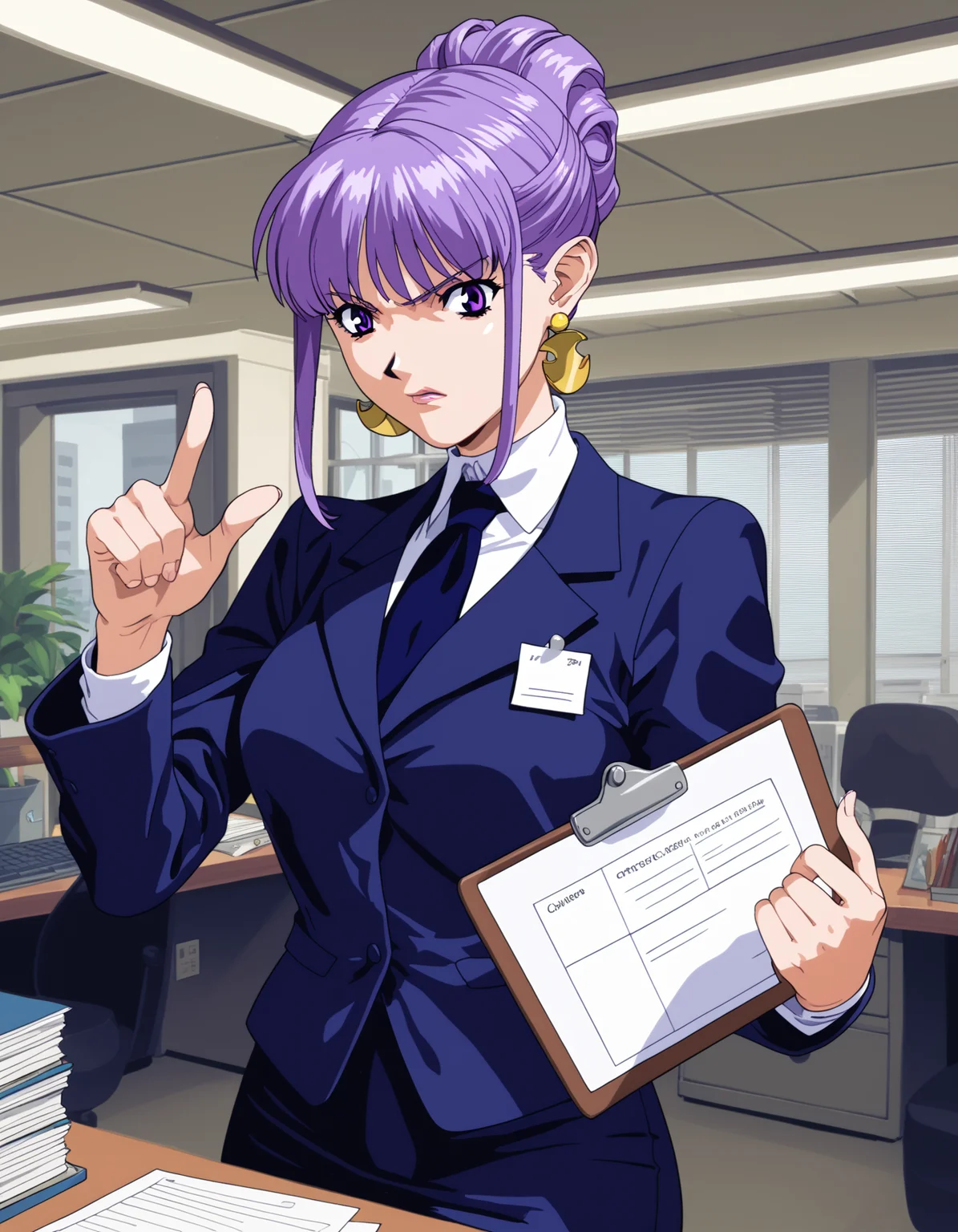 score_9,  score_8_up, score_7_up 1girl, solo, julietta, purple eyes, office lady,
arguing, pointing at viewer, clipboard, office,
<lora:julietta-ponyxl-000053:0.75> retro artstyle