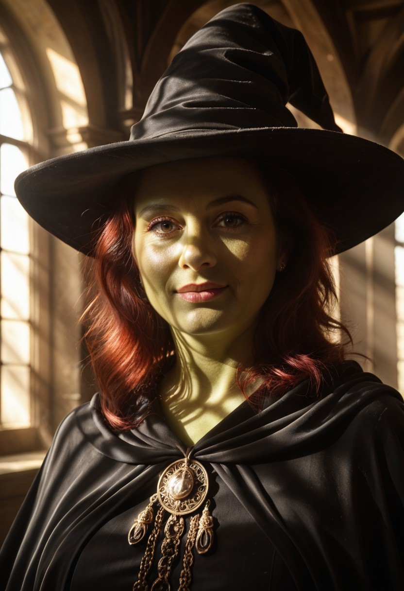 score_9, score_8_up, score_7_up, masterpiece, ultra detailed, best quality, 1 woman, mature woman, green skin, red hair,close up portrait, mature woman, a witch ,standing in front of an archway, light coming through the arch, dynamic lighting, expressive face, expressive body, expressive emotions, dynamic pose, intense gaze, lively eyes, detailed facial expression, engaging presence.
 detailed skin, perfect quality, hyper quality, perfect shadows,dark hair, witches hat, long black cloak, lot of shadows, perfect lighting, ultra realistic reflections, hyper realistic, ultra realism, 8k, masterpiece,