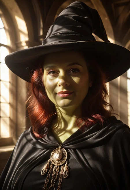 score_9, score_8_up, score_7_up, masterpiece, ultra detailed, best quality, 1 woman, mature woman, green skin, red hair,close up portrait, mature woman, a witch ,standing in front of an archway, light coming through the arch, dynamic lighting, expressive face, expressive body, expressive emotions, dynamic pose, intense gaze, lively eyes, detailed facial expression, engaging presence.
detailed skin, perfect quality, hyper quality, perfect shadows,dark hair, witches hat, long black cloak, lot of shadows, perfect lighting, ultra realistic reflections, hyper realistic, ultra realism, 8k, masterpiece,