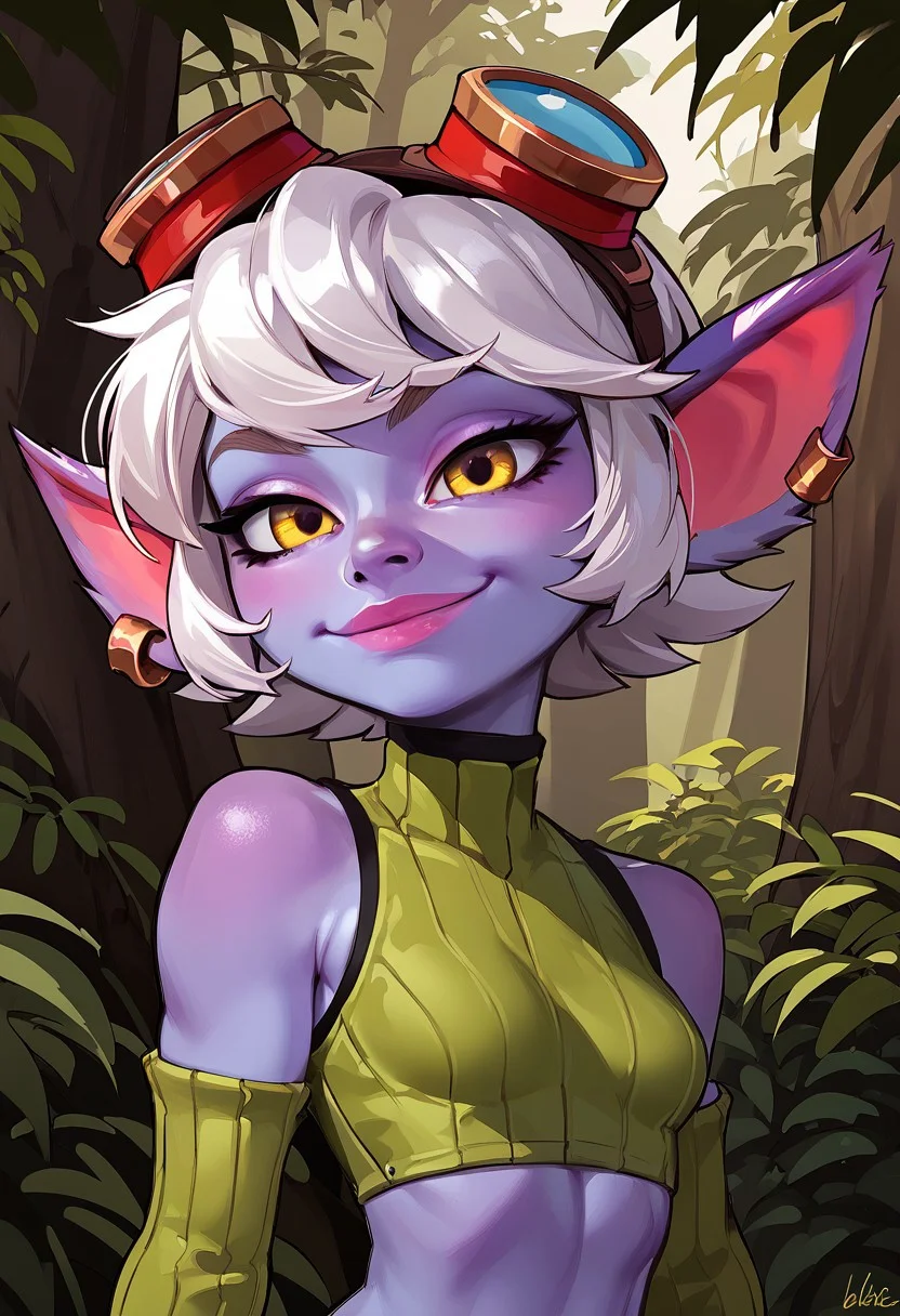 score_9, score_8_up, score_7_up, score_6_up, score_5_up, score_4_up, TristanaLoLXL, yordle, yellow eyes, pointy ears, white hair, short hair, earrings, googles on head, purple skin, colored skin. small breasts, green crop top, arm sleeves, (portrait shot, upper body), seductive smile, forest, tree <lora:TristanaLoLXL:0.7>