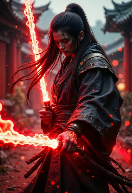R3alisticF, samurai girl wearing a kimono with shoulder armor, she's holding a katana glowing with red energy, her long hair is flowing in the wind, she stands in a dojo training for her next battle. (maximum ultra high definition image quality and rendering:3), maximum image detail, maximum realistic render, (((ultra realist style))), realist side lighting, , 8K high definition, realist soft lighting, <lora:FluxMythR3alisticF:1>