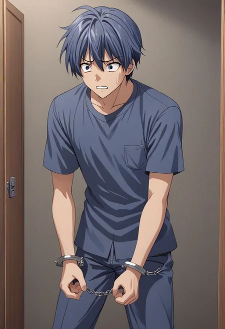high resolution, solo, best quality, 1Boy, Tomoya Okazaki, Grey Blue Hair, arrested, restrained, struggling, handcuffs, interrogated, interrogation room, OverallDetail