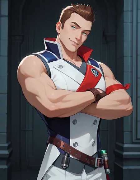 masterpiece, best quality, newest, perfect quality, best quality, detailed background, intricate details, male focus, solo, 2d, <lora:RWBY - Clover Ebi - Illustrious-000006:0.7>, cloverebi, 1boy, brown hair, very short hair, green eyes, sleeveless coat, single red armband, brown fingerless gloves, brown belt, white pants, standing, crossed arms, head tilt, smirk, looking at viewer