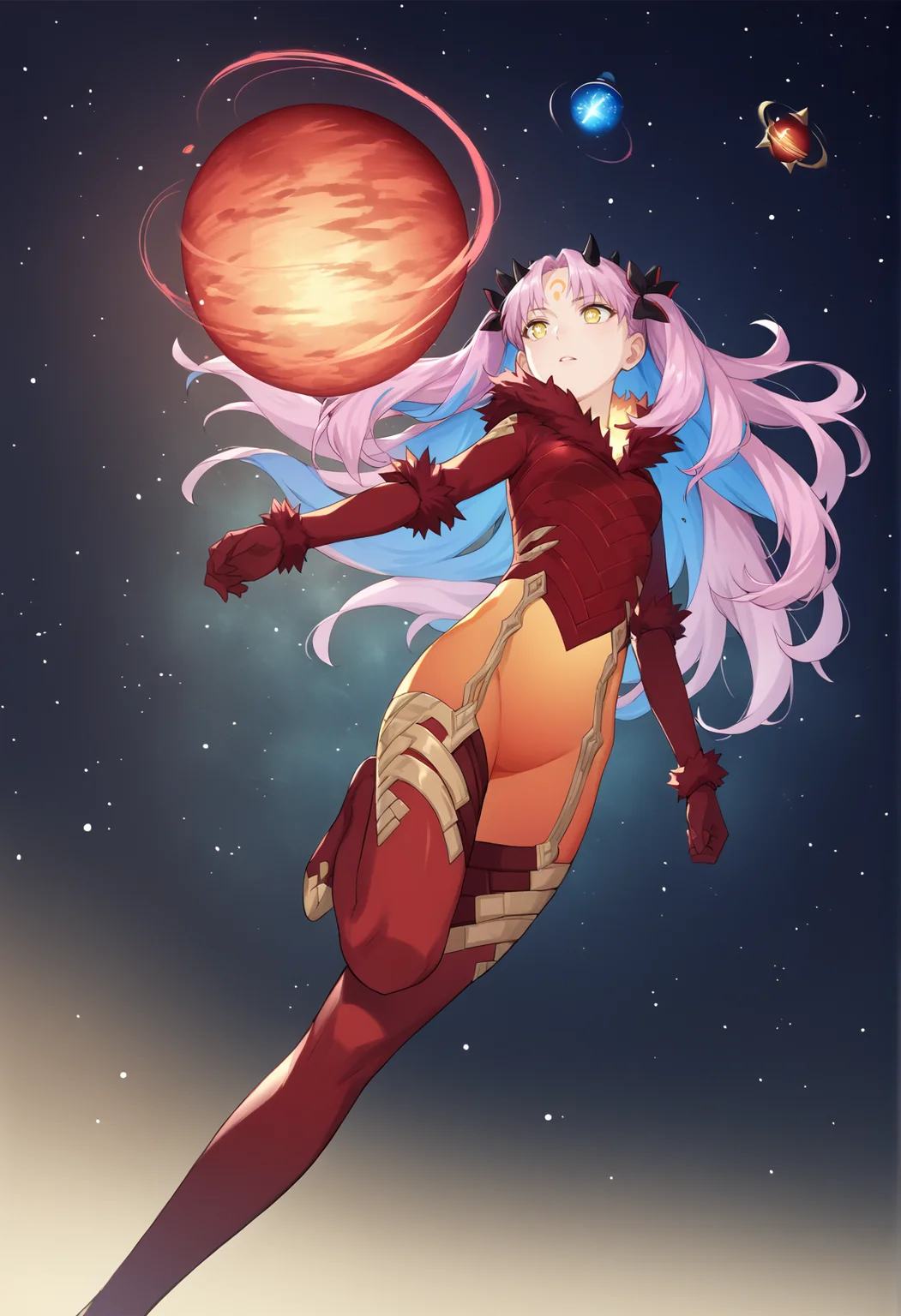 1girl, long hair, multicolored hair, twintails, two-tone hair, pink hair, blue hair, hair bow, two side up, yellow eyes, symbol-shaped pupils, horns, crescent facial mark, forehead mark, facial amrk, red bodysuit, fur trim, fur-trimmed cape, cowboy shot, floating, flying, space, from below, emotionless <lora:Ishtarin:1>, score_9, score_8_up, score_7_up, score_6_up, score_5_up, score_4_up, BREAK source_anime, masterpiece
