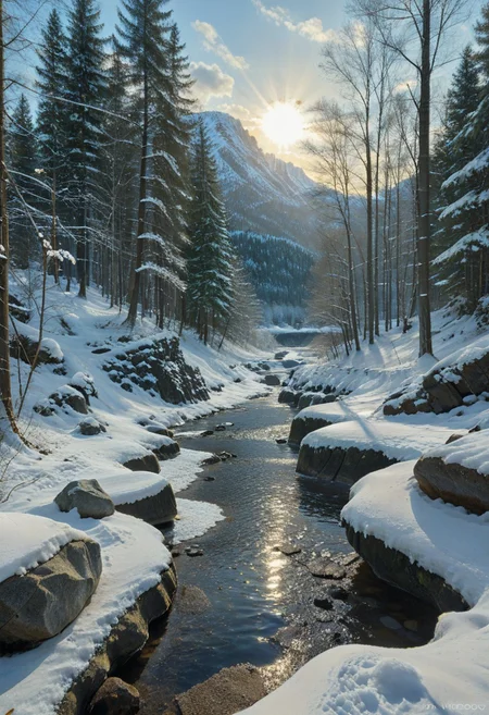film photography, Exaggerated realistic, ultra detailed, score_9, score_8_up, score_7_up, Forest, scenery, outdoors, tree,sky, (clouds:0.3), nature, forest, creek, moss-covered rocks, sunlight streaming through leaves, winter, snow, snowy.matrix, matrix codes,codeandigital,digital world, digital, science fiction,