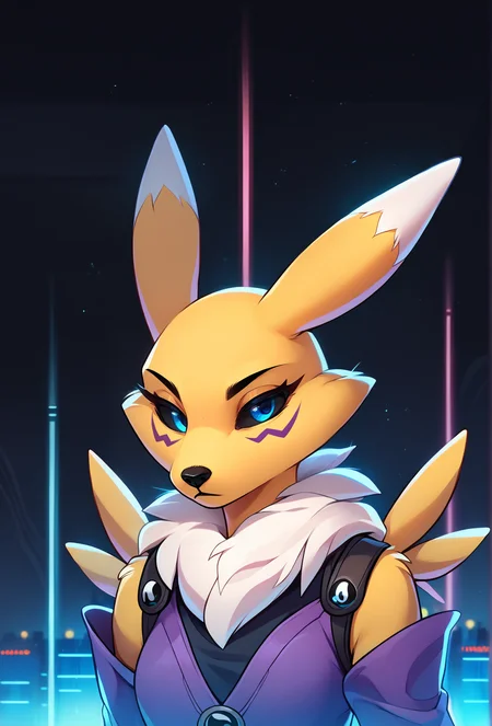 score_9, score_8_up, score_7_up, score_6_up, score_5_up, score_4_up, <lora:fluffkevlar_style_ponyXL_v1:1.0>, rating_safe, source_furry,
1girl, furry, solo, renamon, expressionless, cyberpunk, cityscape, neon lights, city lights