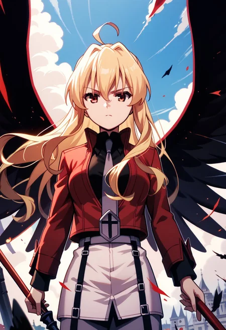 score_9,score_8_up,score_7_up,source_anime,Leticia Draculea (childhood),1girl,solo,skirt,long sleeves,holding,jacket,ahoge,weapon,wings,head wings,staff,black wings,