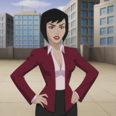 <lora:loislaneunchained_pony_v1:.8> loislanered, 1girl, black hair, pencil skirt, short hair, medium breasts, cleavage, jewelry, red jacket, necklace, lipstick, purple eyes, makeup, shirt, black skirt, formal
