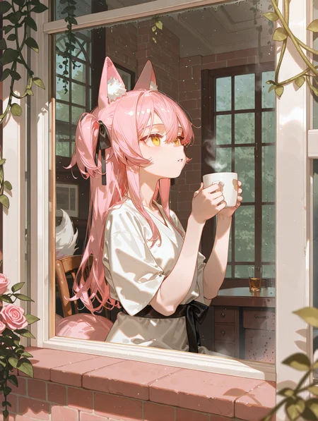 (pastel colors: 1.2),solo, 1girl, fox girl, pink hair, two_side_up, hair_between_eyes, long_hair, yellow_eyes, hair_ribbon, black_ribbon, fox ears,small_breasts, tsurime, sidelocks, fluffy tail,
, sitting, chair, desk, holding cup, steam, two-handed, looking_at_viewer, from outside, window, sash, from side, upper body, brick_wall, indoors, vines, rose, blurry_foreground, depth of field, warm theme, afternoon, raytrace, light_particles, glass reflection, sensitive, th_wn, alp, {dino \(dinoartforame\), ciloranko}, [[[[kuroduki \(pieat\)]]]], [[ask \(askzy\)]], maeda_hiroyuki,year 2023, masterpiece,best quality,newest,absurdres,highres,very awa,