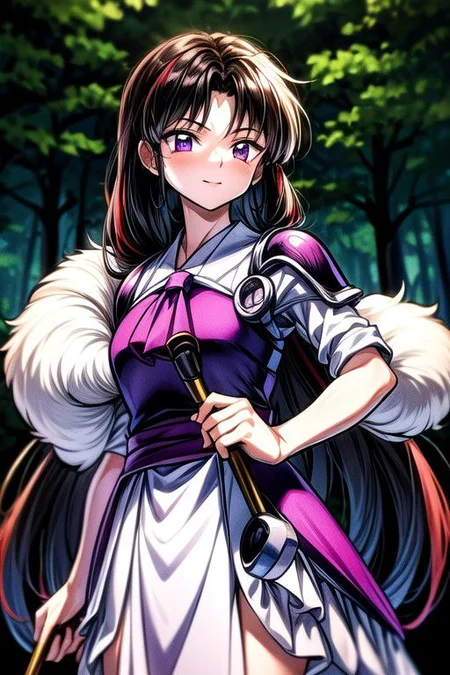masterpiece, best quality 1girl Setsun4 solo long hair, (night time) forest background black hair very long hair purple eyes multicolored hair armor (fur trim) (medium body),<lora:EMS-179-EMS:0.800000>,<lora:EMS-293862-EMS:0.800000> bow, hair_bow, hair_tubes, red_bow, brown_hair, long_hair, bangs, ascot, frilled_bow, yellow_ascot, blush, smile, hair_between_eyes, athletic, armor, miko