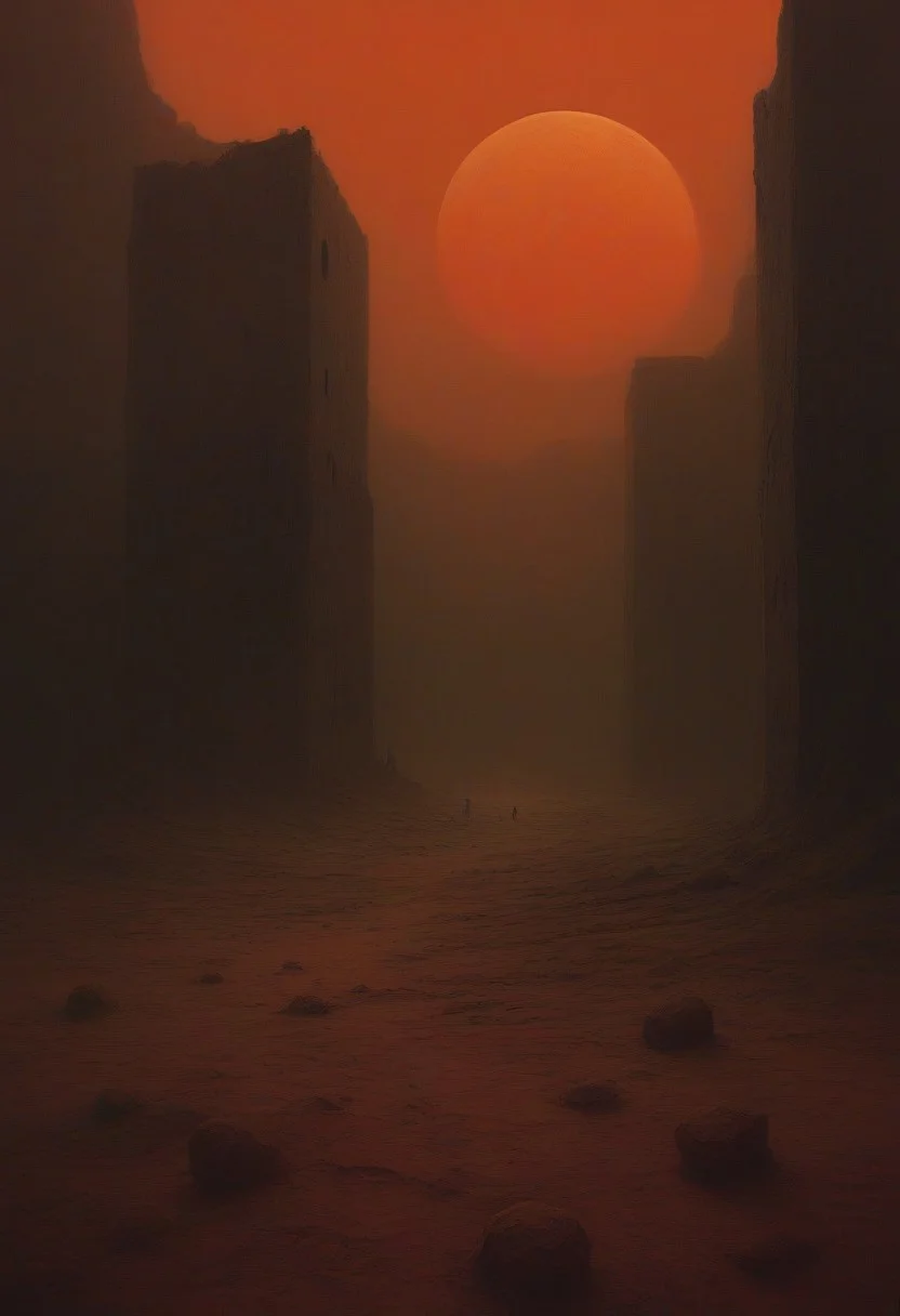 The image is a digital illustration of a desert landscape with a vast expanse of sand and rocks. The sky is a hazy orange color, and the horizon is visible in the distance. In the foreground, there are several tall, cylindrical structures that appear to be ruins or ruins. The structures are scattered across the ground, and there are a few people crawling around them. The overall mood of the image is desolate and desolate. digital artwork by Beksinski, vibrant colors, red theme, full moon
