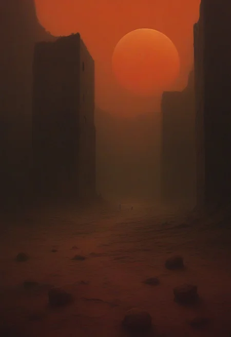 The image is a digital illustration of a desert landscape with a vast expanse of sand and rocks. The sky is a hazy orange color, and the horizon is visible in the distance. In the foreground, there are several tall, cylindrical structures that appear to be ruins or ruins. The structures are scattered across the ground, and there are a few people crawling around them. The overall mood of the image is desolate and desolate. digital artwork by Beksinski, vibrant colors, red theme, full moon