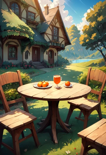 masterpiece,best quality, highly detailed, score_9, score_8_up, score_7_up, score_6_up,source_Anime,<lora:xl_more_art-full_v1:0.8>,
BREAK
<lora:lightXL:0.8>neolight,scenery,food, table, sky, outdoors, chair, plant, tree, house, cloud, day, cup, sunlight, fence, fruit