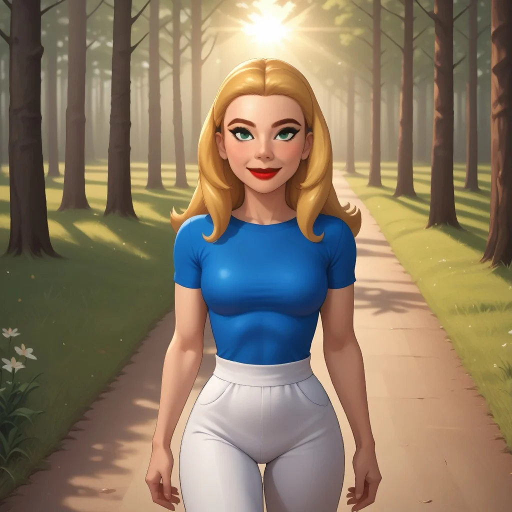 score_9, score_8, BREAK, solo, mii, wii, wii sports, 1girl, female mii, cute, attractive, blonde hair, auburn eyebrows, makeup, blush, blue eyeshadow, red lips, lipstick, dark blue clothing, white pants, shoes, breasts, nintendo mii, modern_mii, classic_mii, Bella_(OC_Mii), green eyes, sexy pose, smile, outdoors, sunlight, shadows, evening lighting, natural lighting, forest, trees, grass, orange sky, sunset, full body