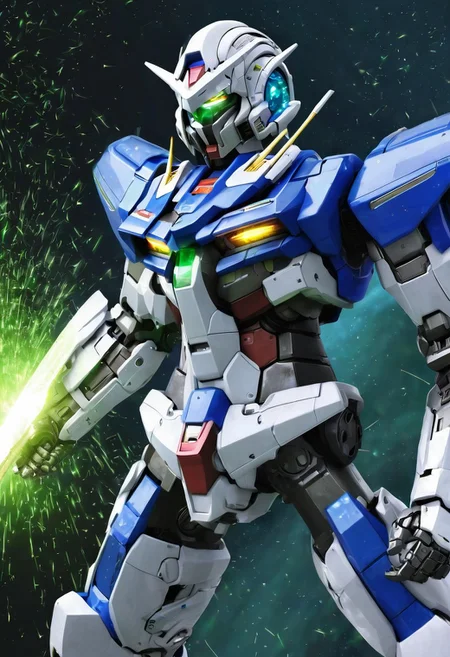 concept art, digital art, illustration, (source_anime), gundam_00, gundam, gundam_exia,  gn_drive, gn_particles, v-fin, white_armor, blue_armor, grey_armor, glowing_eyes, green_eyes, light_particles, sparks, sword, weapon, mecha, mobile_suit,robot, no_humans, science_fiction,