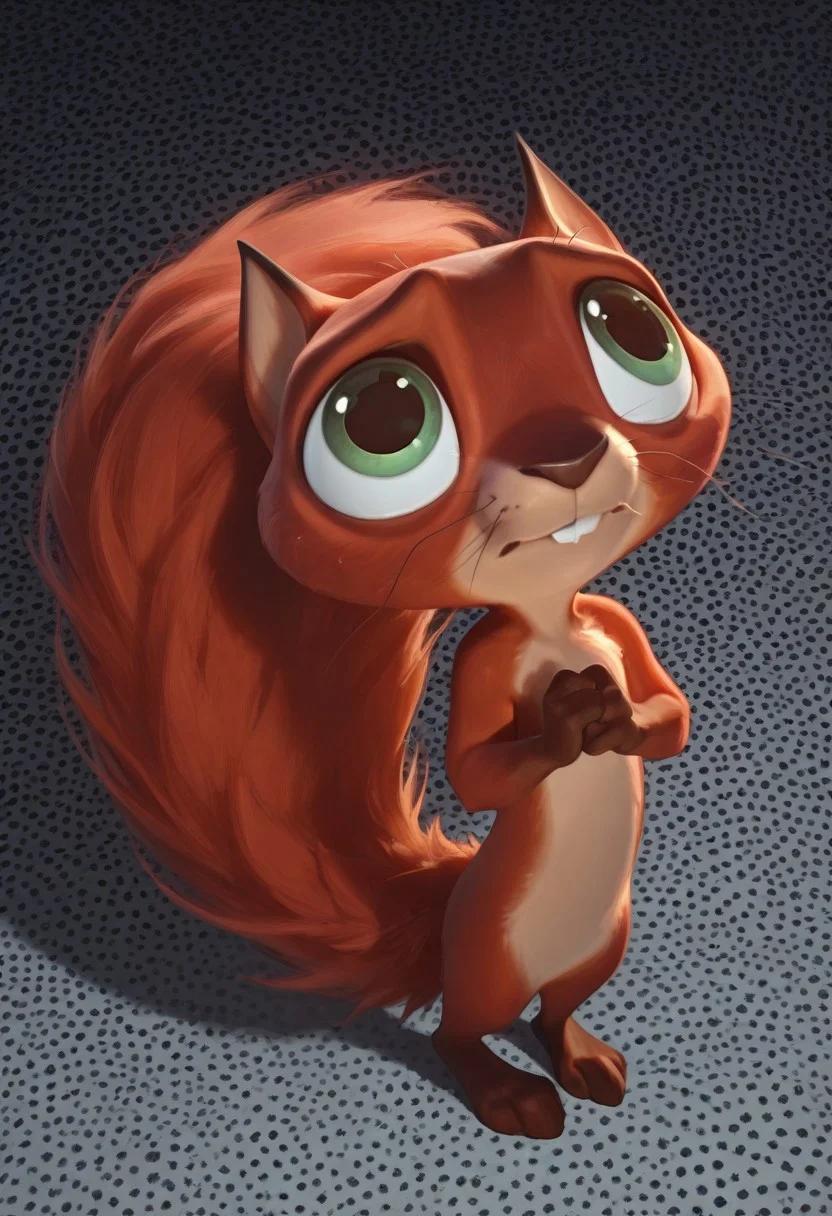 masterpiece, absurdres, amazing quality, photorealistic, ultra-detailed, solo, male focus, from above, high-angle view, chibi, furry male, 1boy, chip_superpet, red fur, green eyes, crooked whiskers, chipped tooth, buck teeth, fluffy tail, slim, body fur, brown hands, brown feet, naked, no penis, cute, full body, standing, looking up, shy, nervous, timid, own hands together, leaning back, pigeon-toed, tail wrap, 
BREAK 
psychedelic background, patterned background, g0thic, neon, shadow, detailed shading, WaiIL25PosC