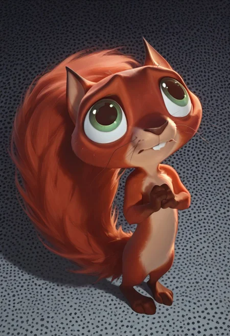 masterpiece, absurdres, amazing quality, photorealistic, ultra-detailed, solo, male focus, from above, high-angle view, chibi, furry male, 1boy, chip_superpet, red fur, green eyes, crooked whiskers, chipped tooth, buck teeth, fluffy tail, slim, body fur, brown hands, brown feet, naked, no penis, cute, full body, standing, looking up, shy, nervous, timid, own hands together, leaning back, pigeon-toed, tail wrap, 
BREAK 
psychedelic background, patterned background, g0thic, neon, shadow, detailed shading, WaiIL25PosC