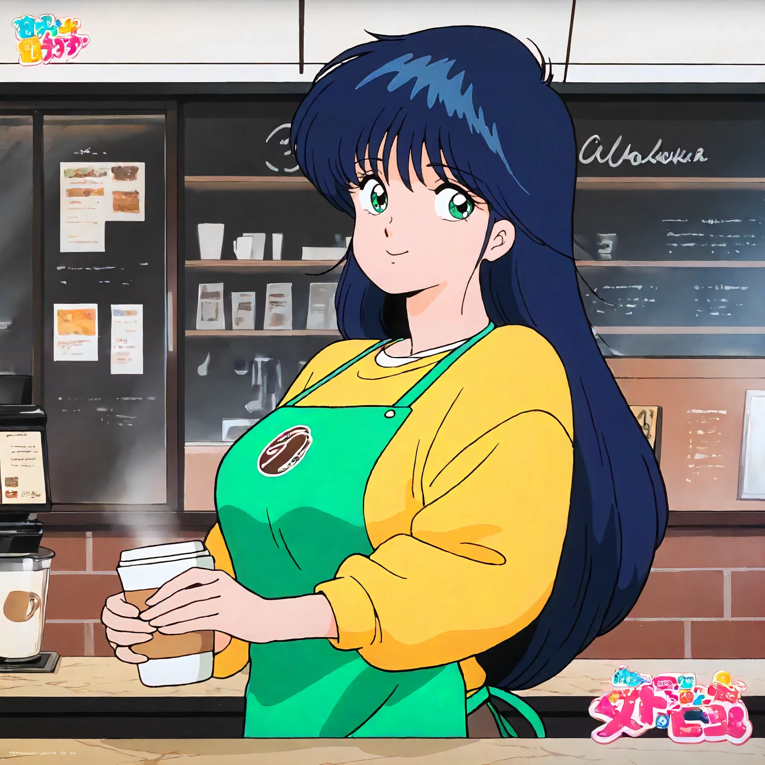 <lora:KOR_MadokaAyukawaXLIllustrious002>,
masterpiece,best quality,good quality,newest,
indoors,coffee shop,
smile,
looking at viewer,
solo,
MadokaAyukawa,1girl,blue hair,long hair,green eyes,
breasts,
breasts,yellow sweater,aqua apron,logo,