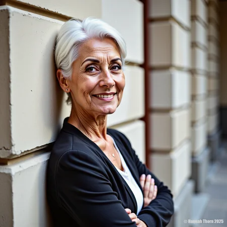 A mature woman with white hair leans on a wall<lora:_Flux\_Hannah\OldHannah.safetensors:1.0:1.0>