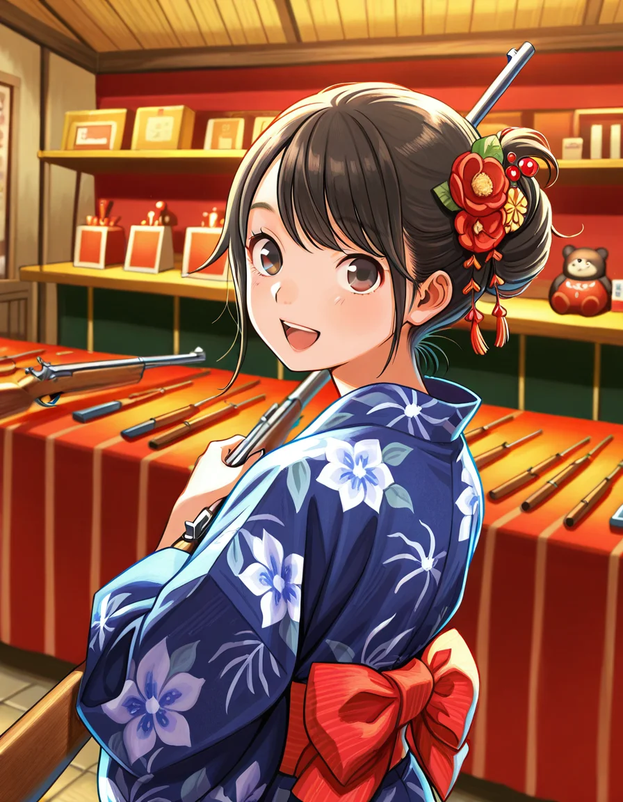 score_7_up, anime BREAK official art, solo, 1girl, one girl,
<lora:natsumatsuri:1>, natsumatsuri,
hair ornament, looking back, open mouth, smile, toy rifle, looking at viewer, floral print, :d, game stall, orenge yukata, shooting gallery, shooting shop, stuffed toy, prize, package
(masterpiece:1.3), best quality, high resolution, unity 8k wallpaper, extremely detailed CG, 8K, (watercolor \(medium\), muted color, sketch:1.1), perfect anatomy, highly finished, masterpiece, best quality, high quality, amazing quality, great quality, very aesthetic, ultra detailed, highres, absurdres, highly detailed, highly detailed background,