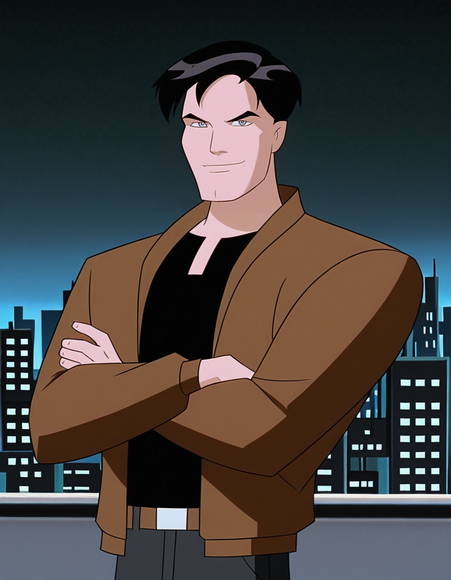 <lora:TerryBatmanBIllustrious1.0JLFO:1> batmanbeyond, 1boy, solo, male focus, upper body, looking at viewer, black hair, short hair, belt, shirt, black shirt,brown jacket, smile, looking at viewer, cowboy shot,cityscape, crossed arms, full body,