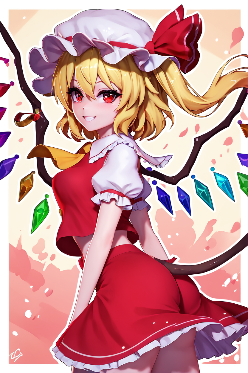 score_9, score_8_up, score_8, medium breasts, (curvy), cute, eyelashes,       BREAK, ,  ,,,  zzFlandre, red eyes, blonde hair, one side up, hair between eyes,  wings, ascot, red skirt, hat ribbon, short sleeves, puffy sleeves, mob cap, red shirt,  <lora:FlandreTouhou_PDXL:0.8>,   ,,, , BREAK, smile, looking at viewer, cowboy shot, side view, ass,  ,,, embedding:zPDXL, Expressiveh, ,,, <lora:Zy0n7_PDXL:0.8>, <lora:SDXLFaeTastic2400:0.5>, <lora:Expressive_H-000001:0.4>,