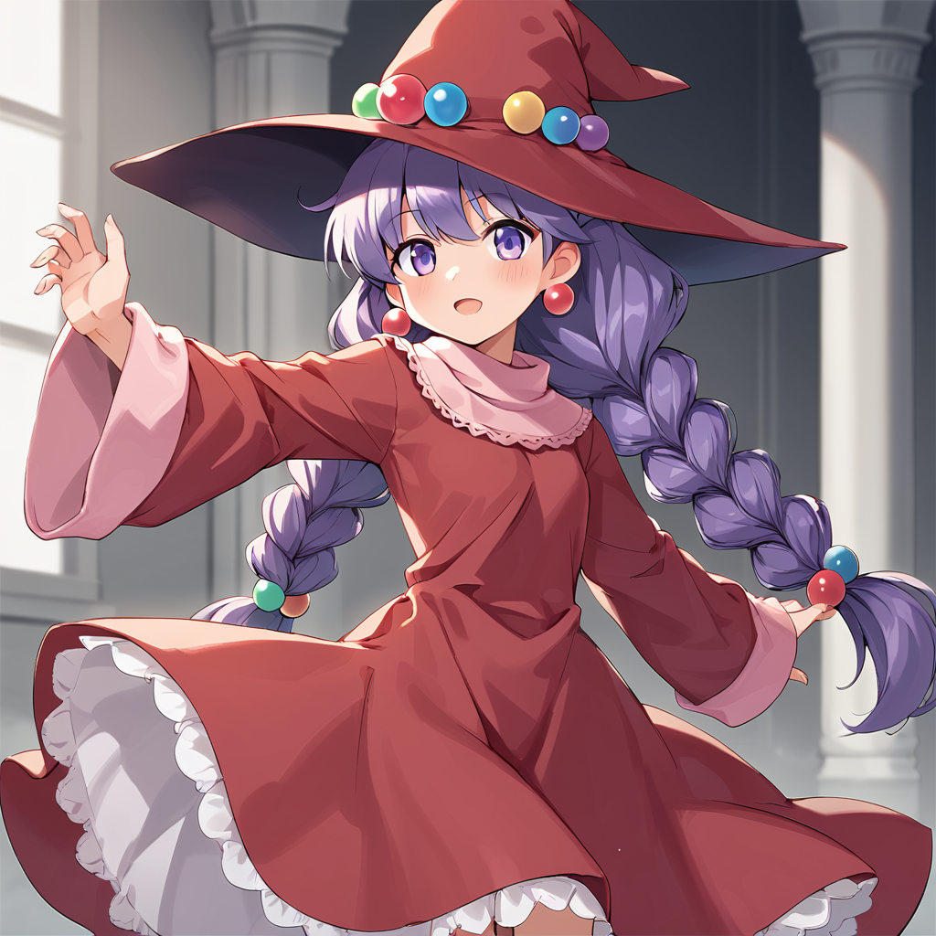 score_9, score_8_up, score_7_up, BREAK source_anime, best quality, masterpiece, 1girl, solo,<lora:monstermaker_pony:0.7>rufia, purple hair, long hair, twin braids, purple eyes, red witch hat, jewelry, red dress, red robe, long sleeves, red skirt, castle, standing, cowboy shot,