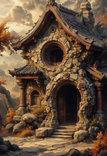 Dragon over
Futuristic and Vintage stylized
desert �﷿ pebleo adobe
Fallen petrified tree turned into house
Stone art
Dramatic lighting
Cinematic
Epic composition
magical, ,bright, , Magical beautiful background fantasy, hyper-detailed hypermaximalist dynamic style
Scales texture style, realism, detailed,
Magical background
ArsMJStyle, Zen Ink Wash Sumi-e
bo-golden
, asian architecture