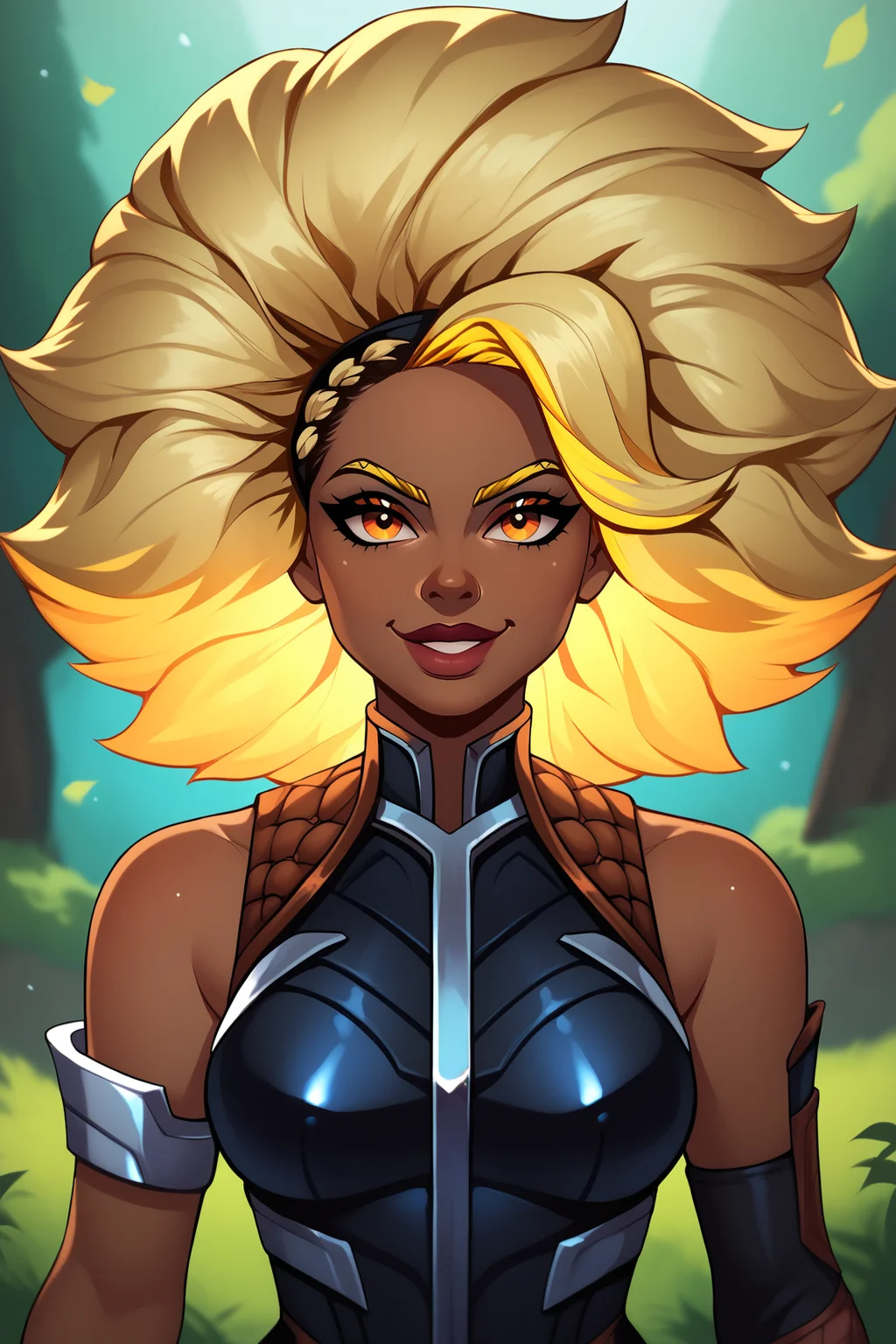 score_9, score_8_up, score_7_up, score_6_up, BREAK, RellLoLXL, dark skin, colored skin, orange eyes, blonde hair, yellow hair, afro, big hair, two-tone hair, medium breasts, armor, black bodysuit, detached sleeves, black elbow gloves, solo, front view, (portrair, upper body), solo focus, seductive smile, looking at viewer, forest <lora:RellLoLXL:1>