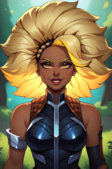 score_9, score_8_up, score_7_up, score_6_up, BREAK, RellLoLXL, dark skin, colored skin, orange eyes, blonde hair, yellow hair, afro, big hair, two-tone hair, medium breasts, armor, black bodysuit, detached sleeves, black elbow gloves, solo, front view, (portrair, upper body), solo focus, seductive smile, looking at viewer, forest <lora:RellLoLXL:1>