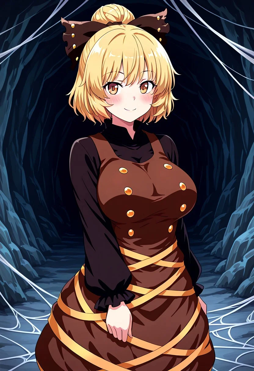 fusu style, ((cave background)), (1girl), ((solo)), ((tall)). (standing), (posing), (looking at viewer), cute smile, (blush), ((kurodani yamame)), ((large breasts)), blonde hair, hair bow, short hair, hair bun, yellow eyes, brown eyes, bow, dress, long sleeves, brown dress, black bow, shirt, black shirt, silk, spider web