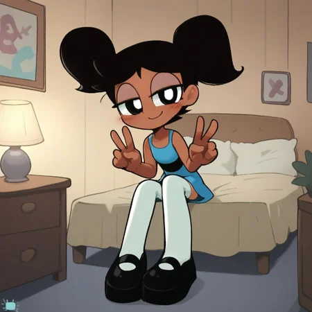 score_9, score_8_up, score_7_up, score_6_up, score_5_up, score_4_up, BREAK, source_anime, connie_maheswaran, indoors, short twintails, black hair, small breasts, black footwear, white thighhighs, smile, smug, blush, blue top, sleeveless, blue miniskirt, peace sign, pantsless, powerpuff, dark-skinned female, 1girl, sitting, indoors, living room, on bed,