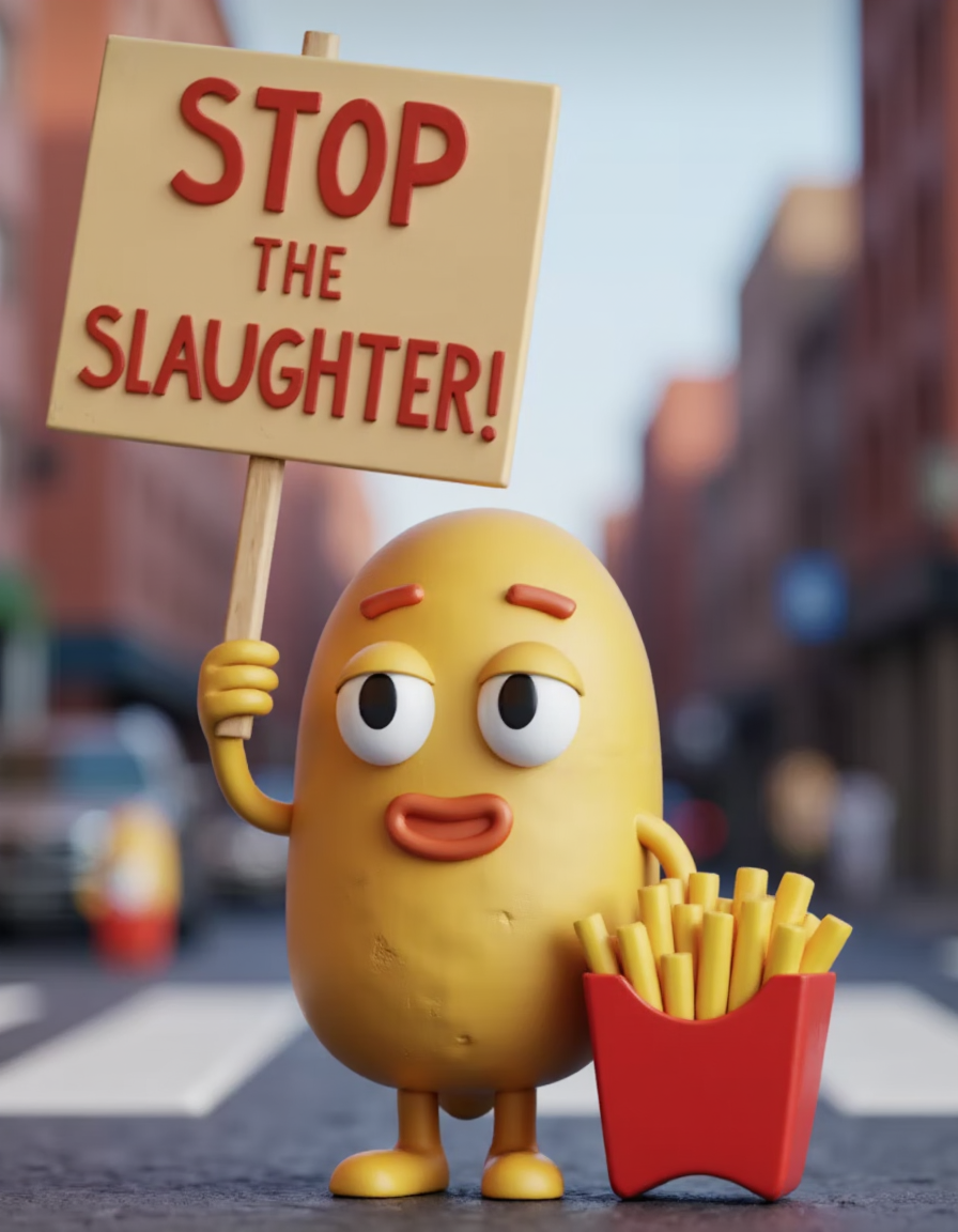 w1z_r3nd3r, a potato with face and hands is holding a sign with text:"STOP the SLAUGHTER!" next to a package of french fries, protesting on a street