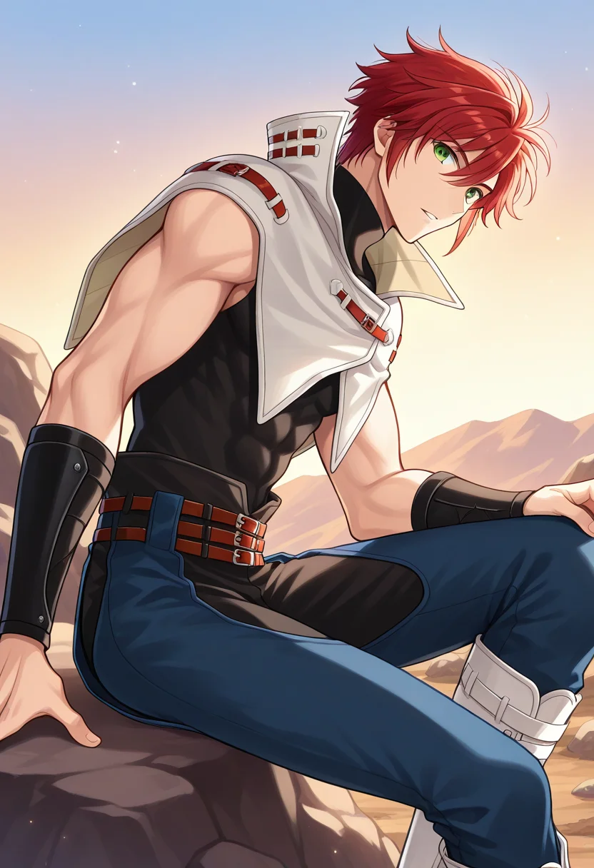 1boy, solo, forukashura, muscular, red hair, short hair, green eyes, capelet, high collar, bracer, sleeveless shirt, sleeveless, turtleneck, belt, pants, chaps, white knee boots, outdoors, sitting, rock, from side, sky, looking at viewer, parted lips,