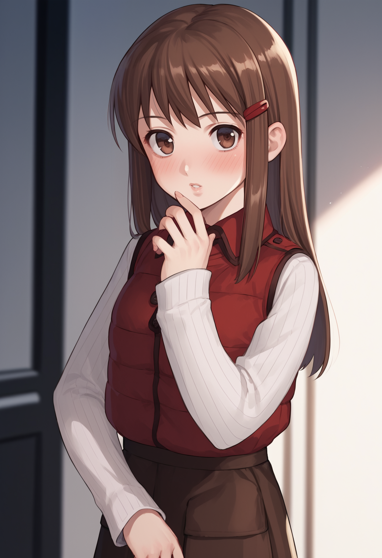 score_8_up, score_7_up, source_anime BREAK 1girl, solo,  <lora:hitomitono-sh-richy-v1_pdxl:1>tonohitomi, brown eyes, brown hair, long hair, hairclip, red vest, long sleeves, white sweater, ribbed sweater, brown skirt, pantyhose, looking at viewer, parted lips, blush, indoors