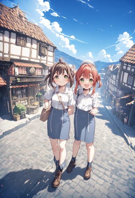<lora:LoRA_Amazno_Kozue_Style_SDXL-000009:1.2> (amano kozue:1.2),
best quality, 4k, very aesthetic, absurdres,
(2girls:1.3), clear eyes,
blue sky, town,