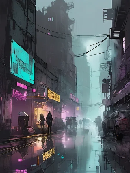 inkpunk style illustration concept art of a busy cyberpunk street, dark alley,rain, reflections, city, mist, fog <lora:IPXL_v2:0.45>