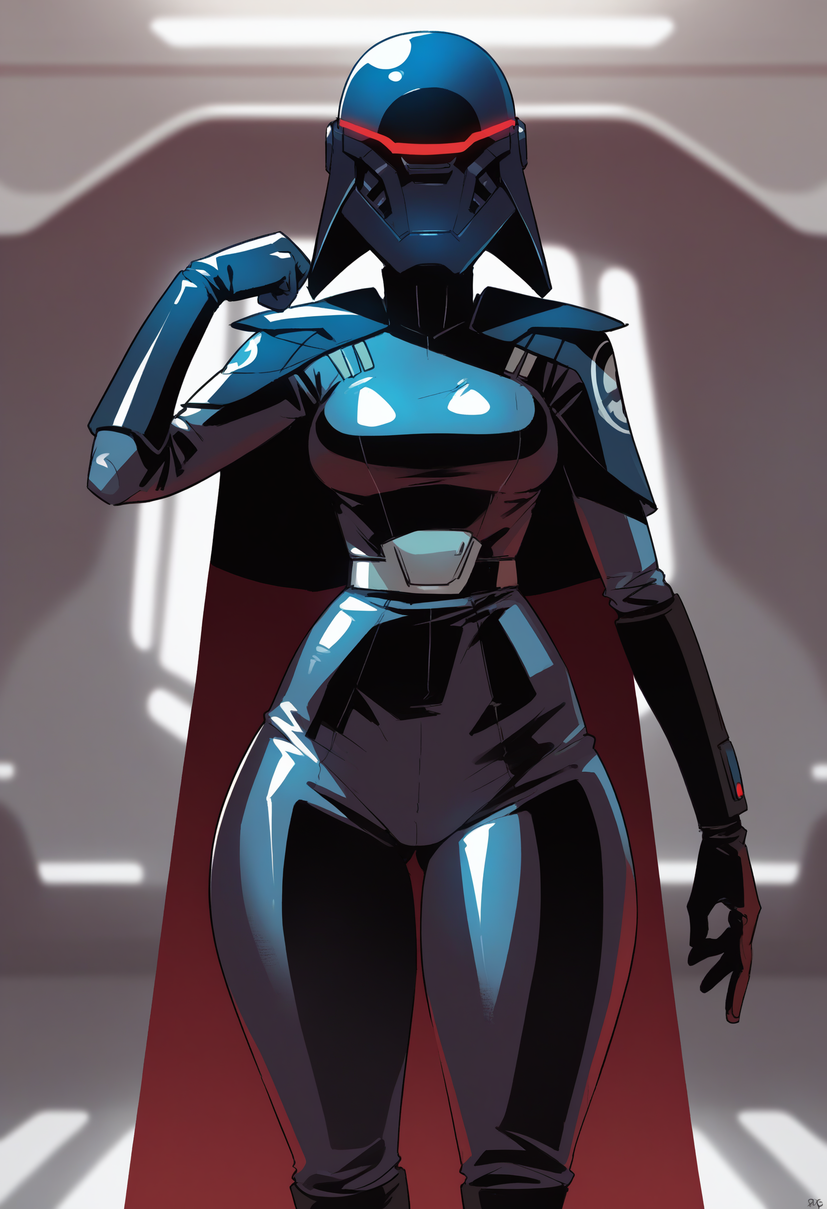 score_9, score_8_up, score_7_up, score_6_up, 2d, rating_questionable,
BREAK
Trilla, helmet with red visor, star wars,
armor,black gloves,tight bodysuit,black cape,black pants,
close up, solo, standing, front view, crossed amrs, medium breasts, wide hips,
indoors, sith base, science fiction, <lora:Trilla:0.8>, <lora:balsamique-guy-PONYv1:0.8>,