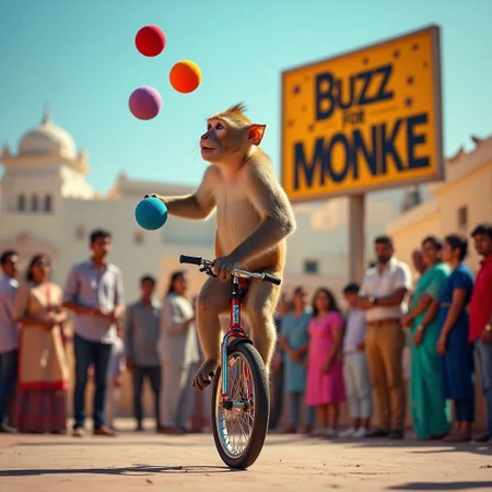 captivating image of a charismatic monkey performing a dazzling juggling act in the vibrant town square of Jaipur, India. The monkey, with a mischievous glint in its eye, expertly juggles a trio of colorful balls while balancing on a unicycle. In the background, a stylish sign board reading 'Buzz for Monke' stands out against a bright blue sky, its letters and graphics sleek and modern. A crowd of enthusiastic onlookers gathers around, their faces filled with delight and wonder as they cheer on the talented primate. Some of the onlookers are throwing coins into a nearby collection box, adding to the festive atmosphere. Focus on the monkey's agile body, the sign board's bold typography, and the vibrant colors of the balls and the surrounding architecture. The lighting should be warm and golden, with a subtle gradient of shadows to add depth and texture to the scene. The overall mood should be one of joy, excitement, and wonder, capturing the magic of this unforgettable street performance.