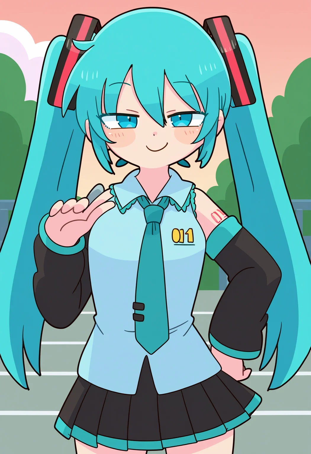score_9, best quality, masterpiece, uncensored, source_anime
BREAK
1girl, standing, hatsune miku, looking at viewer, cowboy shot, shirt, pleated skirt, smug, half-closed eyes, outdoors
<lora:op-na-yarou_pony_v1-000010:1>