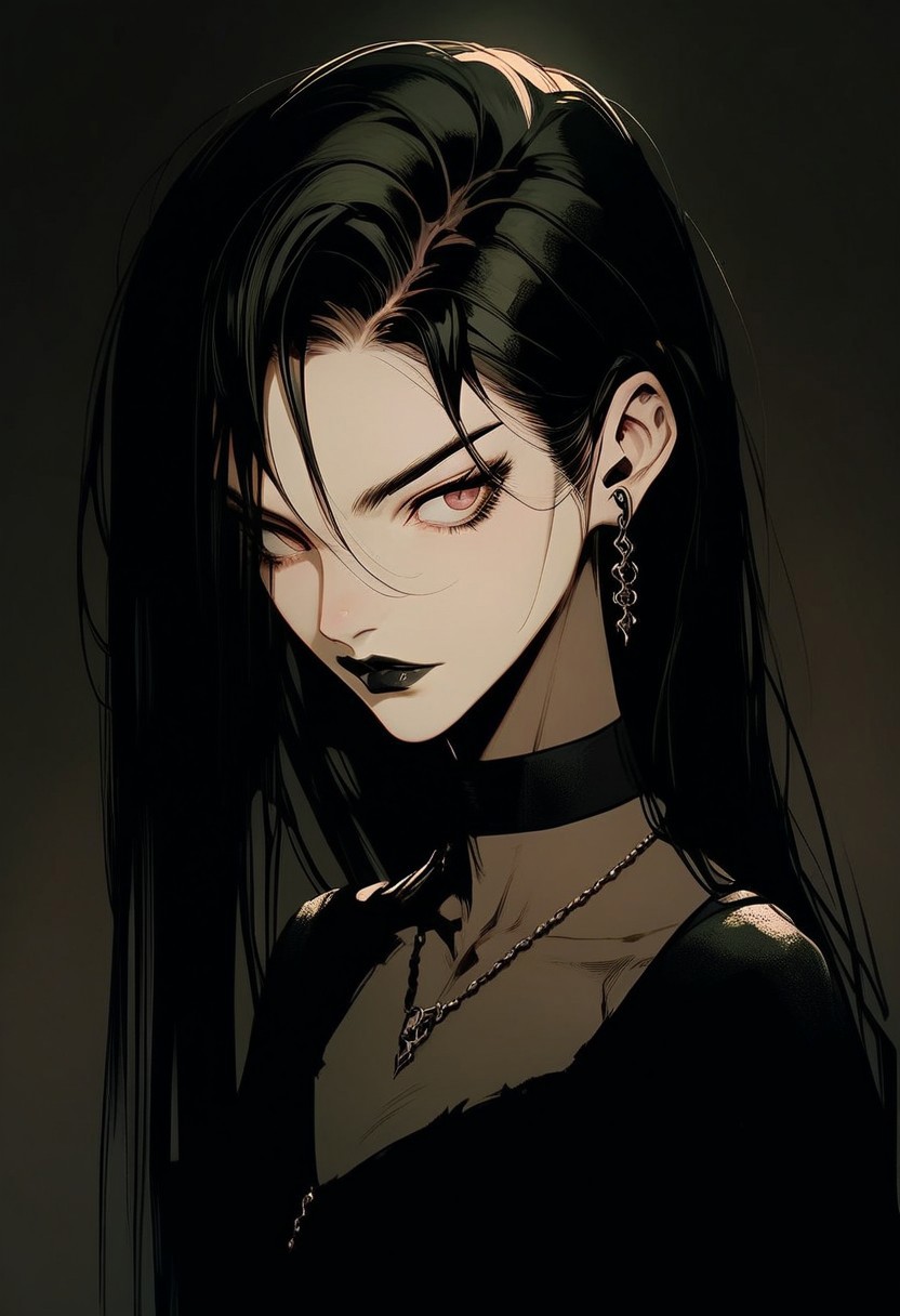 score_9, score_8_up, score_7_up, score_6_up, gthan, anime girl, best qulity, black hair, long hair, straight hair, red eys, black lipstick, necklace, earrings, black outfit, dark background,3DMM