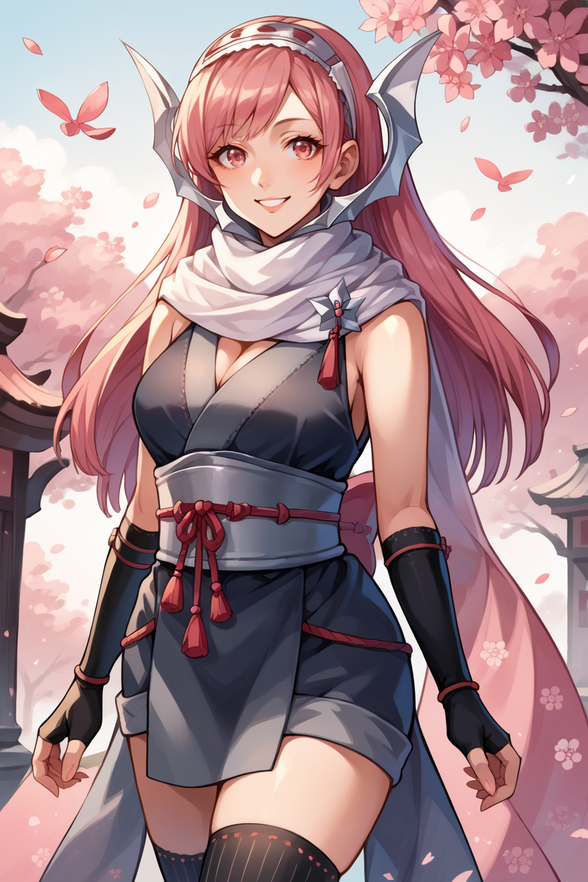 score_9, score_8_up, score_7_up, score_6_up, source_anime BREAK 1girl, solo,  <lora:fecherche-pdxl-nvwls-v1-000005:1> ninCherche, pink hair, hairband, headgear, white scarf, black kimono, sleeveless, cleavage, sash, arm guard, fingerless gloves, black thighhighs, looking at you, smile, cherry blossoms, happy