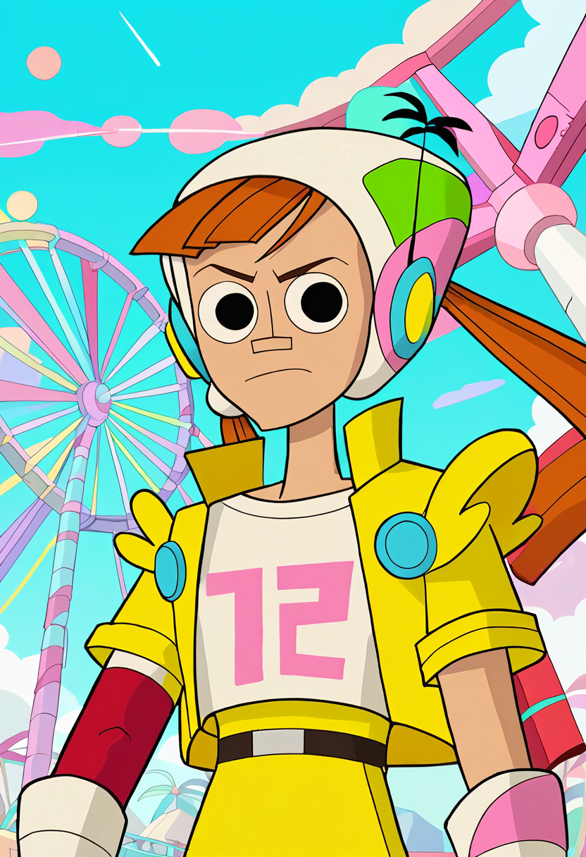 <lora:TwelveForever_Reggie_Pony:1.1>, reggie \(endless\), reggie \(twelve\), twintails, reggie, twelve forever, 1girl, solo, orange hair, long hair, black eyes, bangs, on a ferris wheel, masterpiece, best quality, score_9, score_8_up, score_7_up