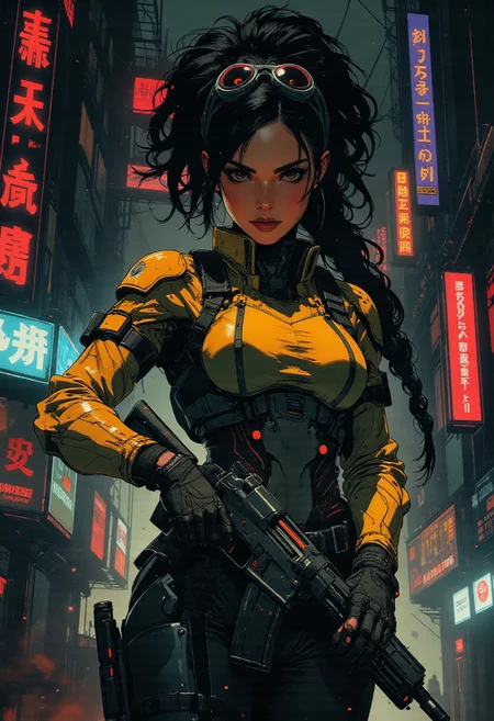 magnificent, closeup portrait, female bounty hunter, braided black hair, futuristic armor, battlesuit, mechanical armor, sleek armor, sexy, curvy, large breasts, large ass, aiming an assault rifle, assault rifle, aiming rifle, Cyberpunk City, Neon Lights, foreshortening,
solo, 
Cowboy Shot, close up, from above,