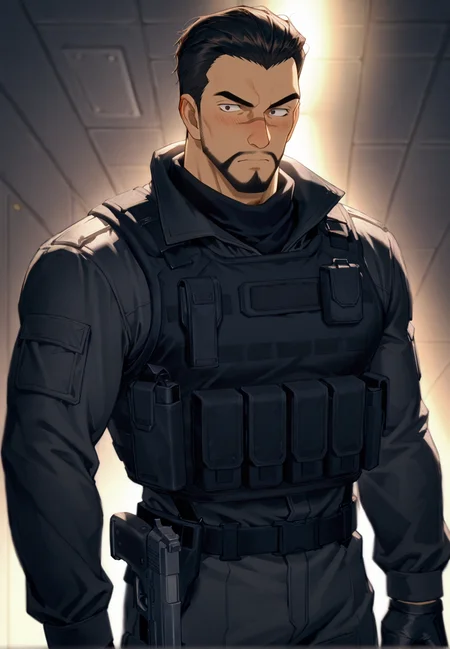 <lora:Red_Siamese_Cats_leader__Detective_Conan:1>, Red Siamese Cats leader, A serious anime-style male character in a tactical black combat uniform, wearing a black bulletproof vest with utility pouches, black gloves, and a communication device on his shoulder. He has short dark hair slicked back, a trimmed beard, and is holding a modern handgun. The setting is a dramatic, cinematic moment with strong lighting and a tense atmosphere, cowboy shot, 
(very short hair, beard, bara, mature, facial hair, stubble, beard, full beard, sideburn, beard, a lot of beard, ), facial hair,male focus, muscular male, muscular male, bara, mature,  bara, mature, aixiwuganda_(20222192), very awa, masterpiece, best quality, absurdres, newest, perfect quality, detailed background, intricate details,
<lora:slider_Body Type_alpha1.0_rank4_noxattn_last:3><lora:Anime Summer Days 2 Style SDXL_LoRA_Pony Diffusion V6 XL:.6><lora:slider_cfg_scale_boost:.7><lora:Artist6p:.55>, Artist6p, Artist04p,<lora:slider_il_brightness_slider_d1:-1><lora:slider_il_contrast_slider_d1:-1><lora:slider_DarkSlider1.2_alpha1.0_rank16_full_300steps:-.6>