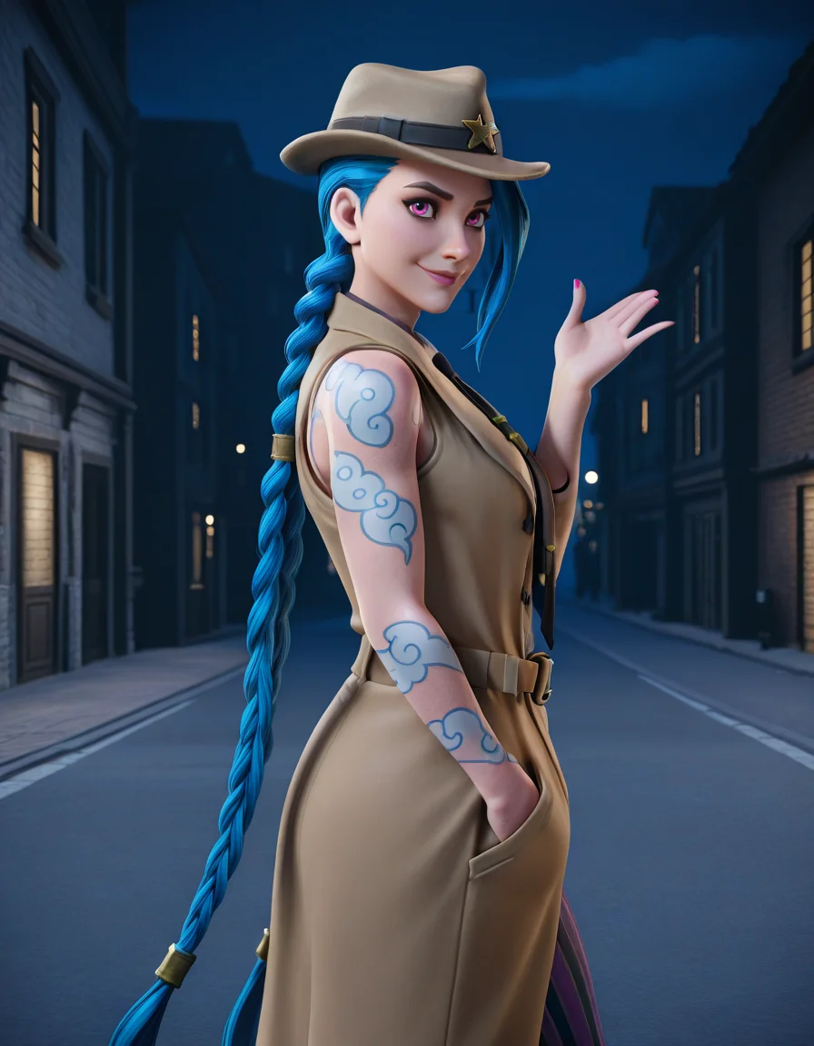 <lora:Nyl2_style_22:0.25>, nyl style, nyl_style, 3D, <lora:Overwatch_Cinematic_ILLUS_4_LAST:0.25>, <lora:hex3d:0.25>, hex3d, <lora:General_Butch_Style:0.25>, genbutch style, 1girl, complex background, nail polish, cowboy shot, from side, three-quarter_view, detective, trench coat, pinstripe pants, pants, standing, street, city, hand in pocket, looking at viewer, smile, holds a bitten carrot in her hands, hand up, gesture, tie, fedora, button-up shirt, belt, open_coat, coat, night, noir, professional 3d model (masterpiece, best quality, ultra-detailed, absurdres, newest, detailed textures, correct anatomy:1), complex background, <lora:Jinx1llust:0.7>, jinx, jinx \(league of legends\), blue hair, long hair, twin braids, arm tattoo, shoulder tattoo, asymmetrical bangs, pink eyes