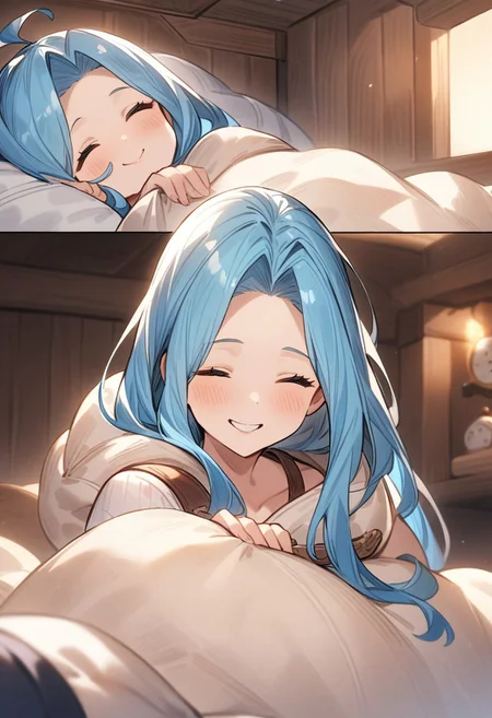 masterpiece, best quality, very aesthetic, absurdres, <lora:sleepingbag:1> ship cabin, girl in schlafsack, sleeping bag, blue hair, lyria (granblue fantasy), comfy, content expression, sleeping, small smile