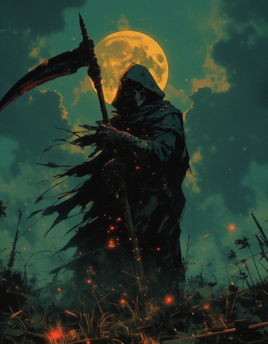 grim reaper standing in an open field, holding a large scythe, dark hooded cloak, skeletal hands gripping the scythe, misty and ominous night sky, full moon casting eerie light, shadows around the reaper, realistic details, horror atmosphere, high contrast, cinematic lighting