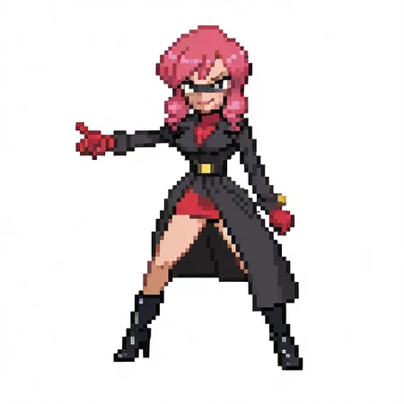 1girl,
solo, full body, standing,
poacherpatty,
pattyoutfit,
pink hair, grey eyes,
breasts, black face mask, red gloves, boots, high heels,
black trench coat, red turtleneck dress,
pointing,
smirk