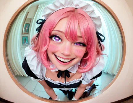 Psychedelic style . 1girl, CivChan, Gothic Romance Comic Style, artist:Nicola Scott, safe, sfw, purple eyes, pink hair, monitoring, (one eye focus):1.2, (psychedelic):1.2, heart-shaped pupils, smile, colors, fisheye, (pov peephole), eyeball, crazy_smile, nose blush, maid apron, maid, maid headdress, thighhighs, wrist cuffs, 1girl, high heels, from side, looking at viewer,
masterpiece, best quality, amazing quality, very aesthetic, absurdres, newest, scenery, highres, high detail, realistic, photorealistic, volumetric lighting,
, , , , , , <lora:CivChan:1>,<lora:Monitoring:1>,<lora:hand 5.5:1>,<lora:Dynamic Poses:1>,<lora:illustrious_noobai_epsilon_pred_11_very_aesthetic_v1:0.35>,<lora:maidXLP:1> . Vibrant colors, swirling patterns, abstract forms, surreal, trippy